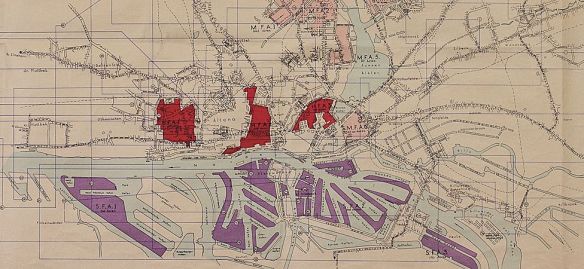 Fire Hazard map of Hamburg produced by the British in 1944. The red areas show the areas most susceptible to fire 