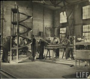 Carpenters building scenery at the UFA Studios in Berlin, 1928. (Photo by E. O. Hoppe